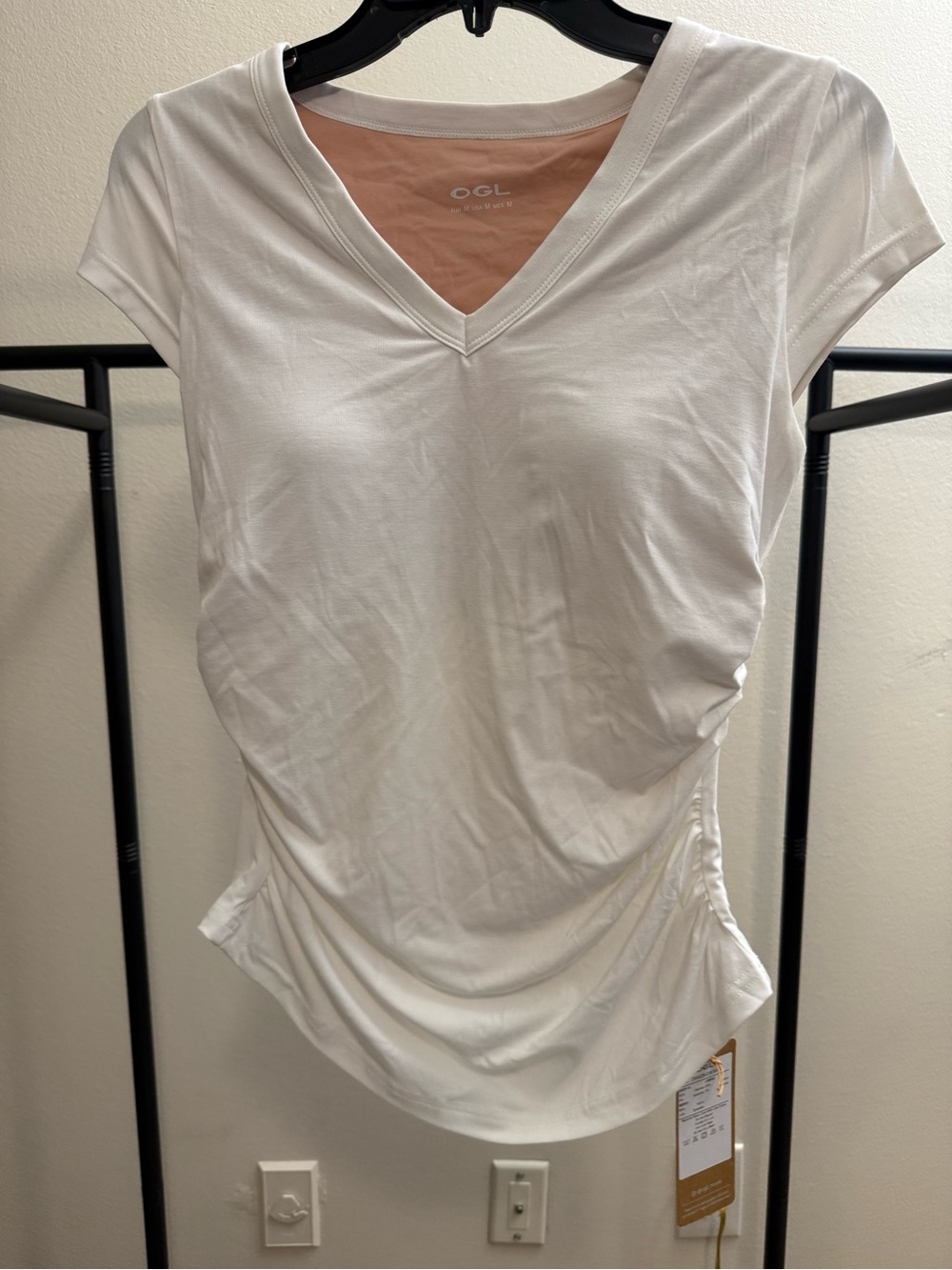 OGL White V-Neck Short Sleeve Ruched Side Top